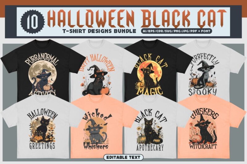 Halloween black cat t-shirt designs bundle