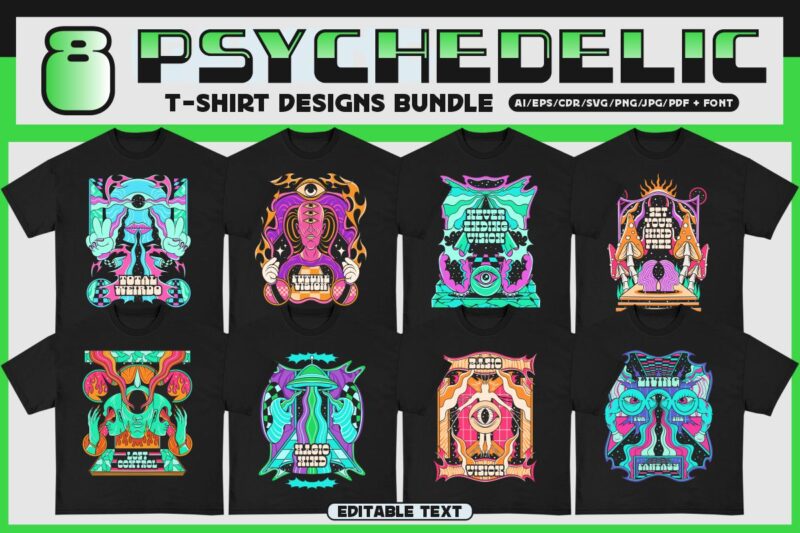 Psychedelic Hippie T-shirt Designs Bundle